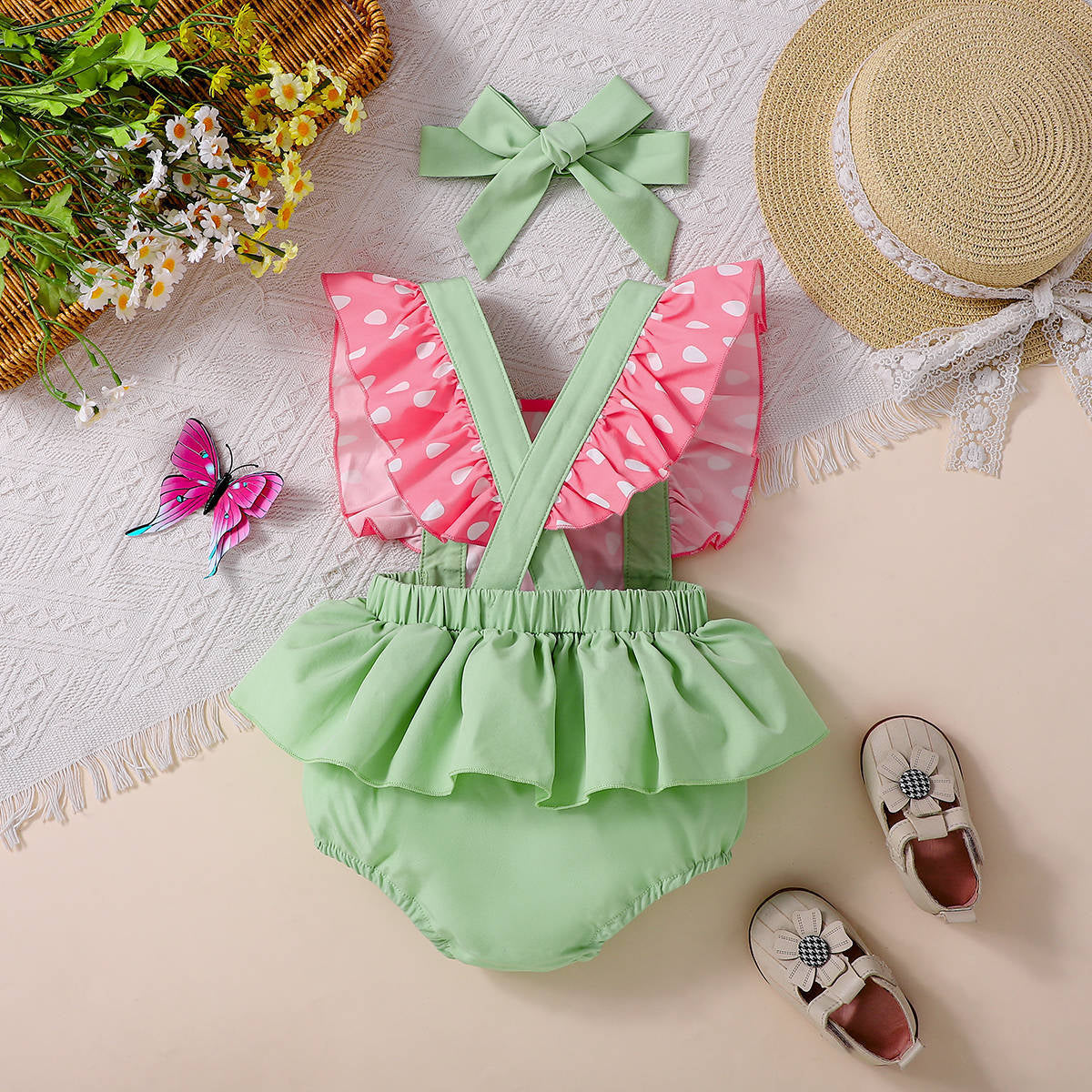 2PCS Lovely Watermelon Seed Print Flutter Sleeve Baby Romper