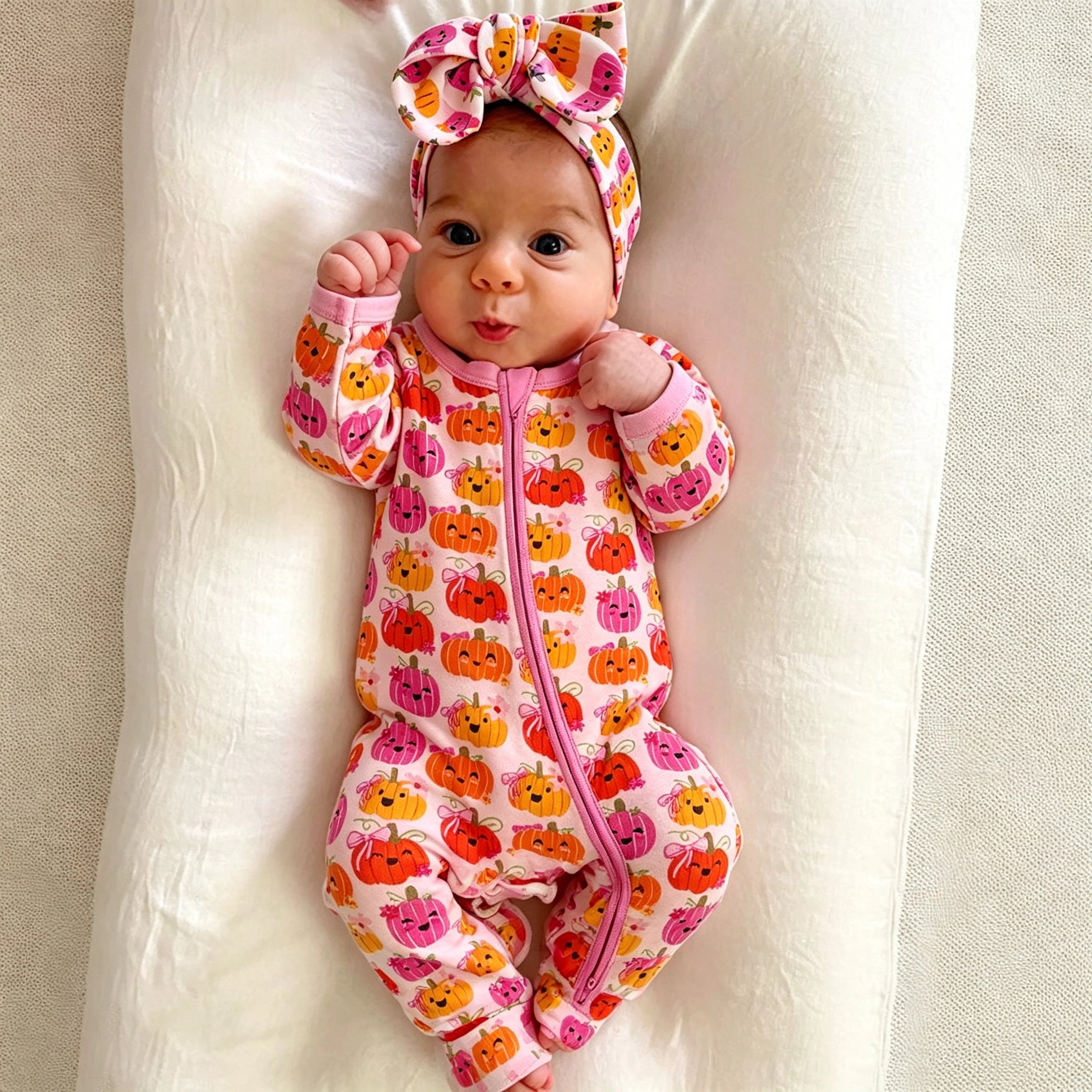 2PCS Halloween Pumpkin Printed Zipper Long Sleeve Baby Girl Jumpsuit
