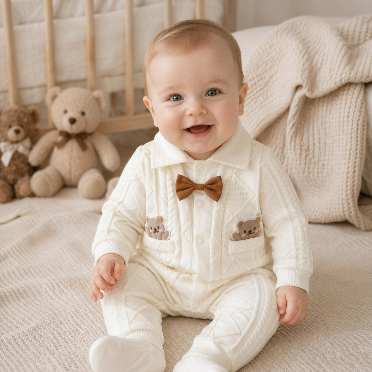 Cable Knit Rhombus Bear Embroidery Long Sleeve Baby Jumpsuit