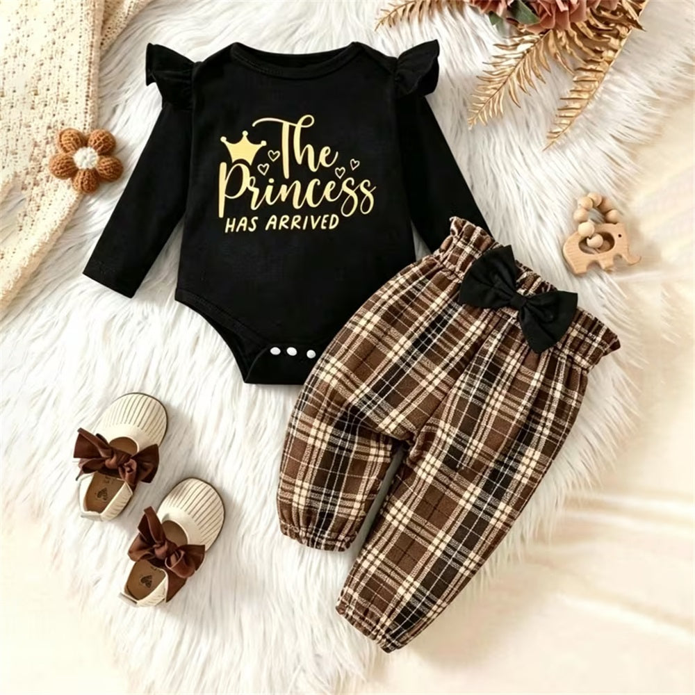 2PCS The Princess Has Arrived Letter Plaid Print Long Sleeve Set