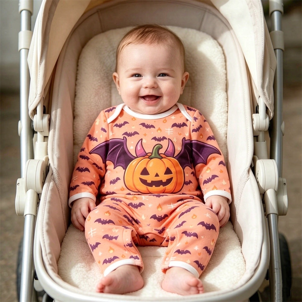 Lovely Halloween Bat Pumpkin Print Long Sleeve Baby Jumpsuit