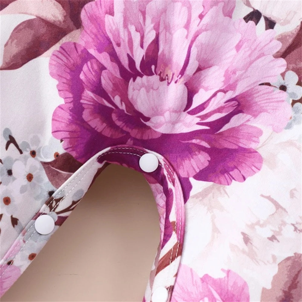 2PCS Trendy Floral Print Ruffle Trim Long Sleeve Baby Jumpsuit