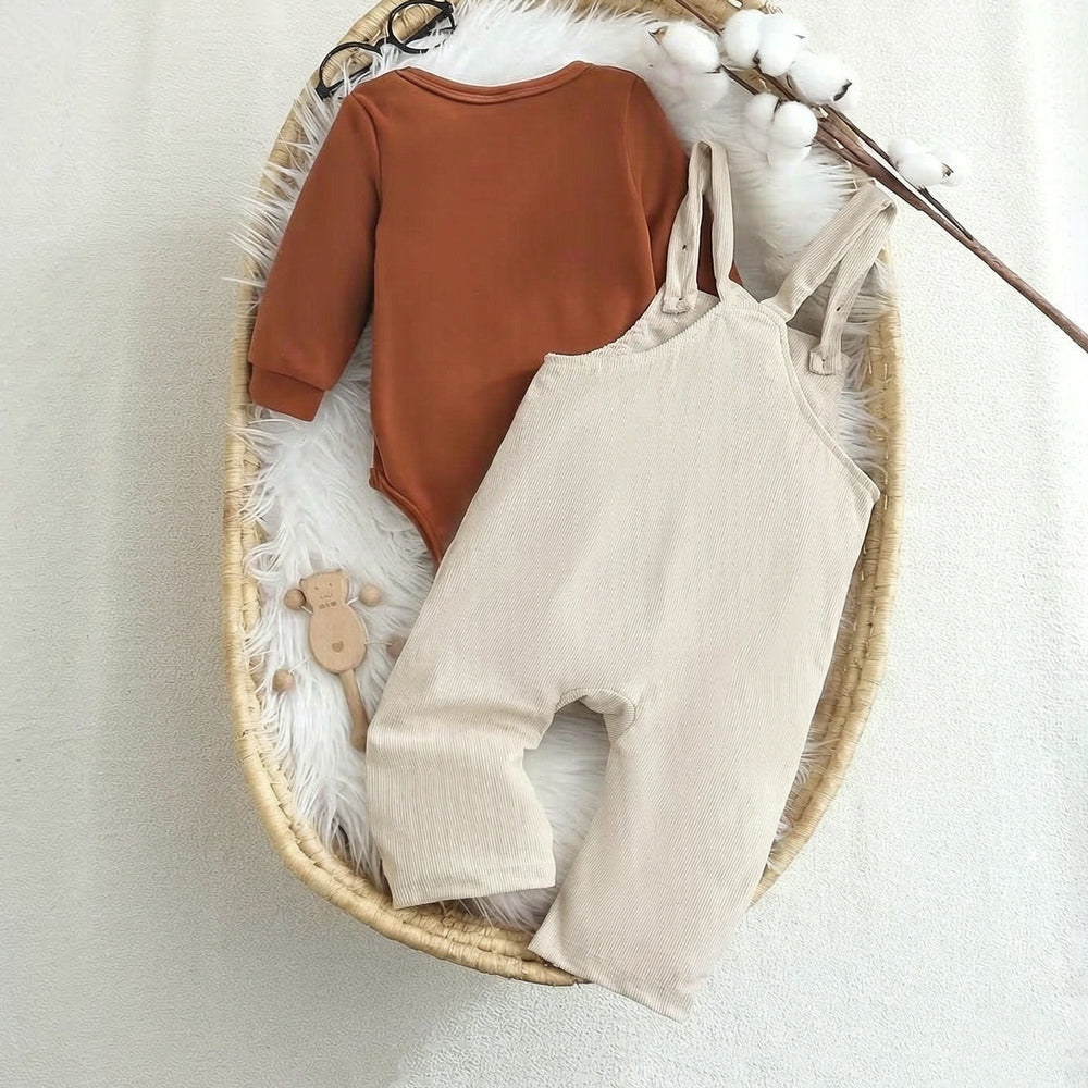 2PCS Lovely Monkey Applique Long Sleeve Baby Overalls Set