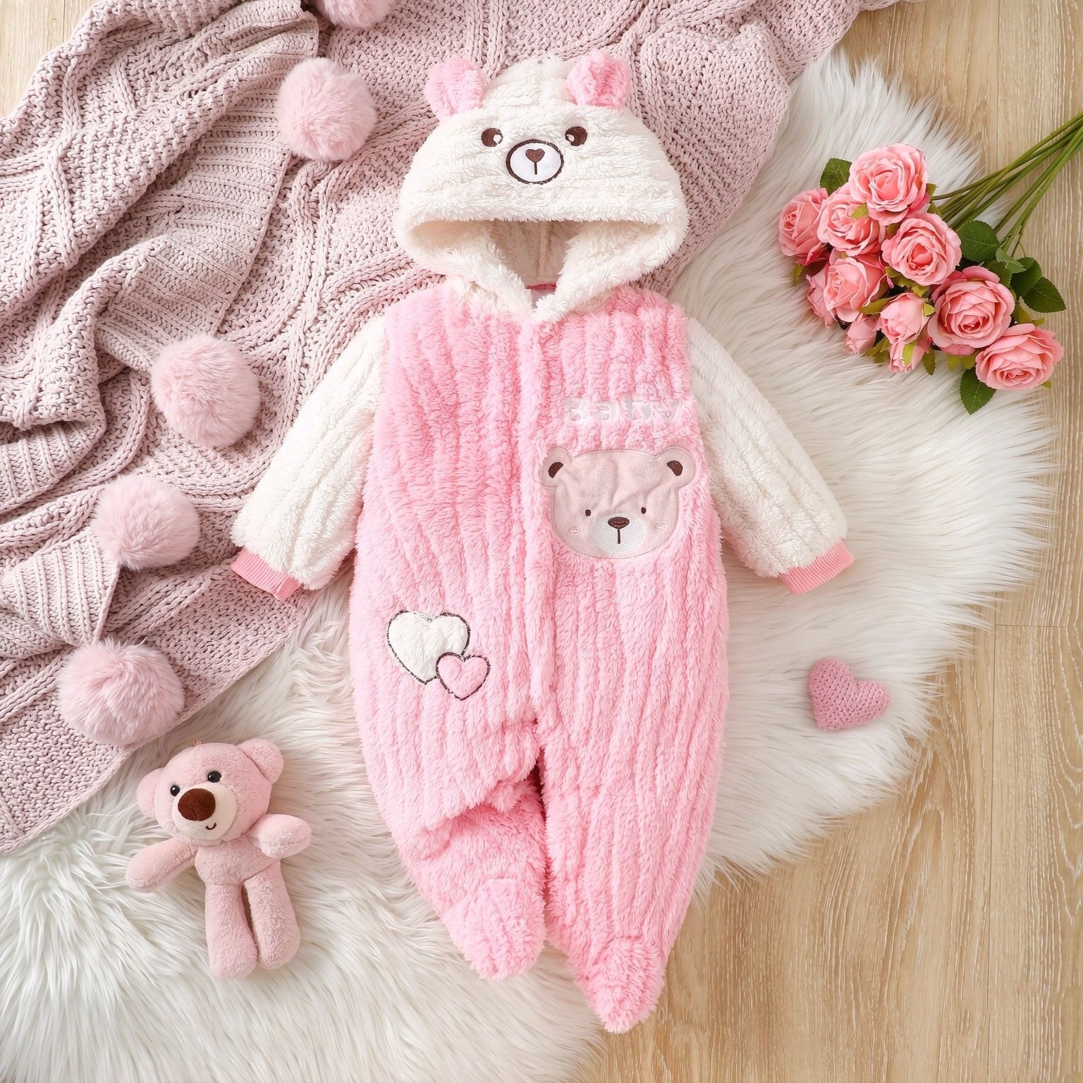 Lovely Bear Appliqué Fuzzy Long Sleeve Baby Girl Jumpsuit