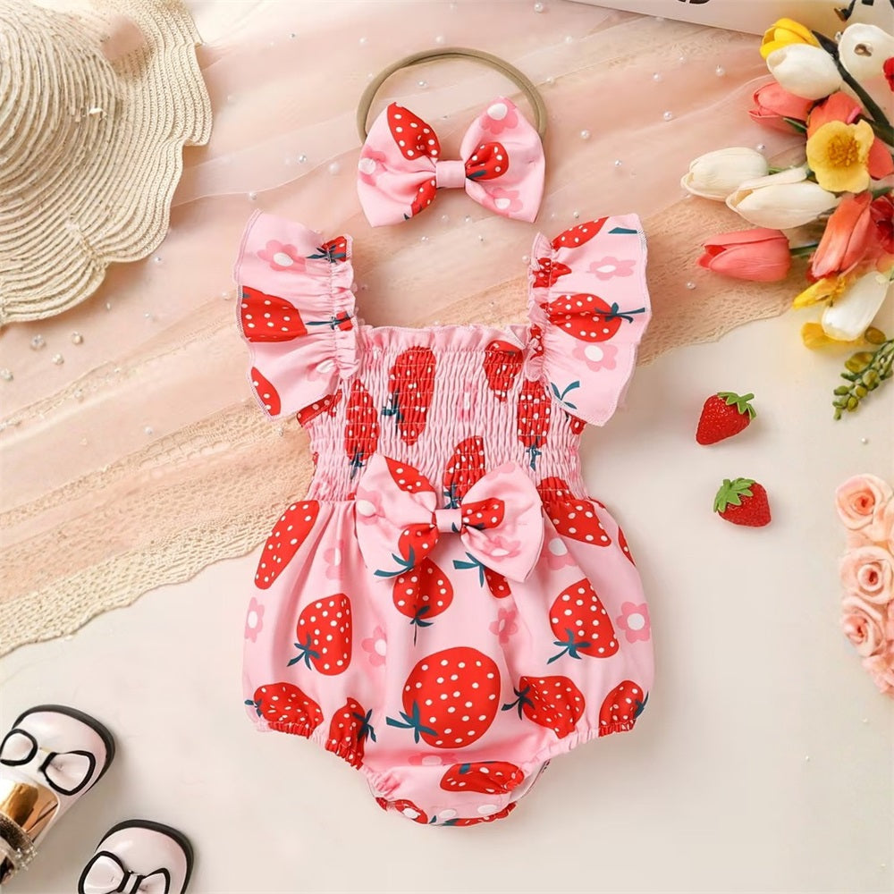 2PCS Cute Strawberry Printed Bow Fly Sleeve Baby Romper