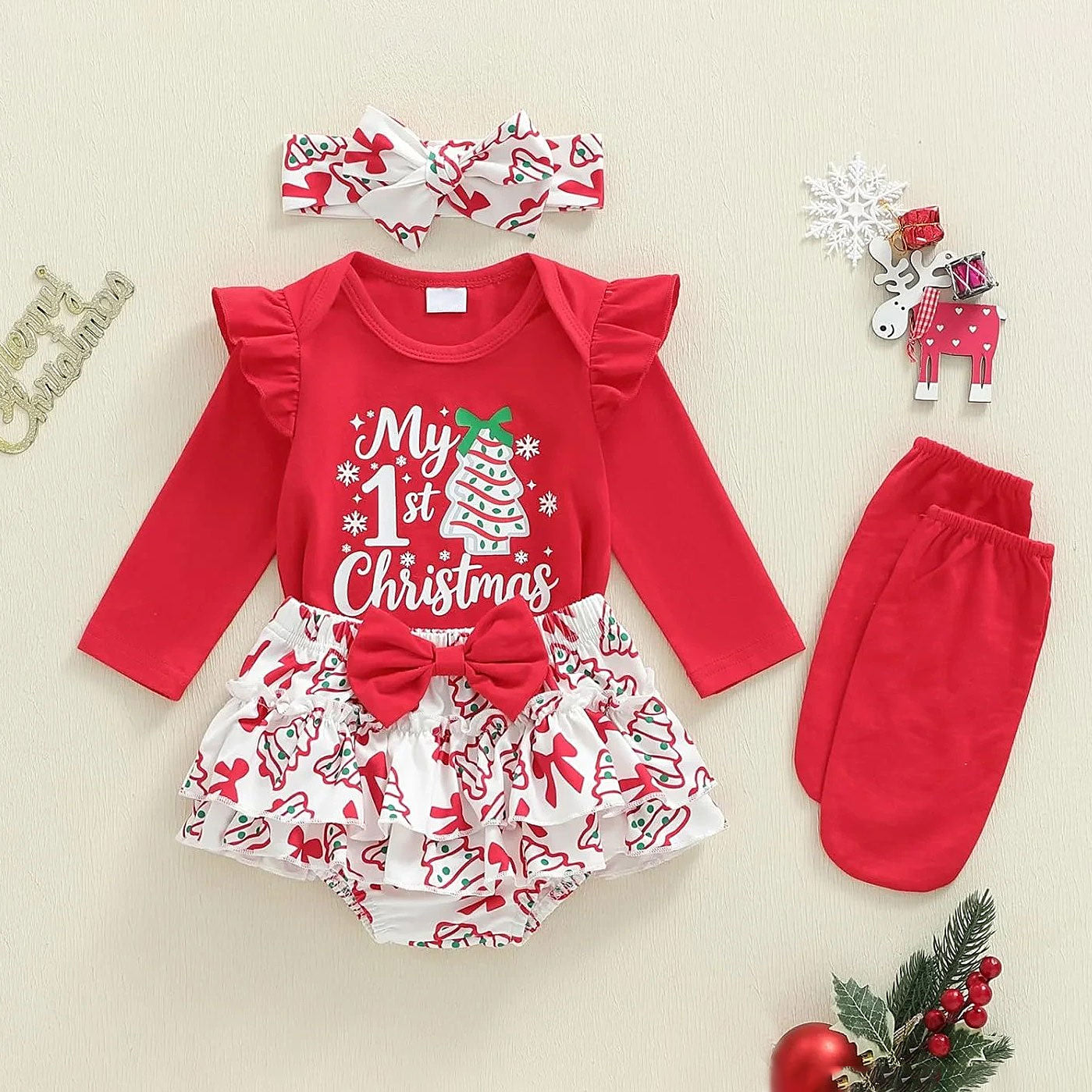 4PCS Sweet My 1st Christmas Letter Tree and Bow Print Baby Girl Set