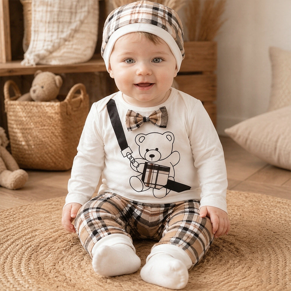 3PCS Casual Teddy Bear Plaid Print Long Sleeve Baby Boy Set