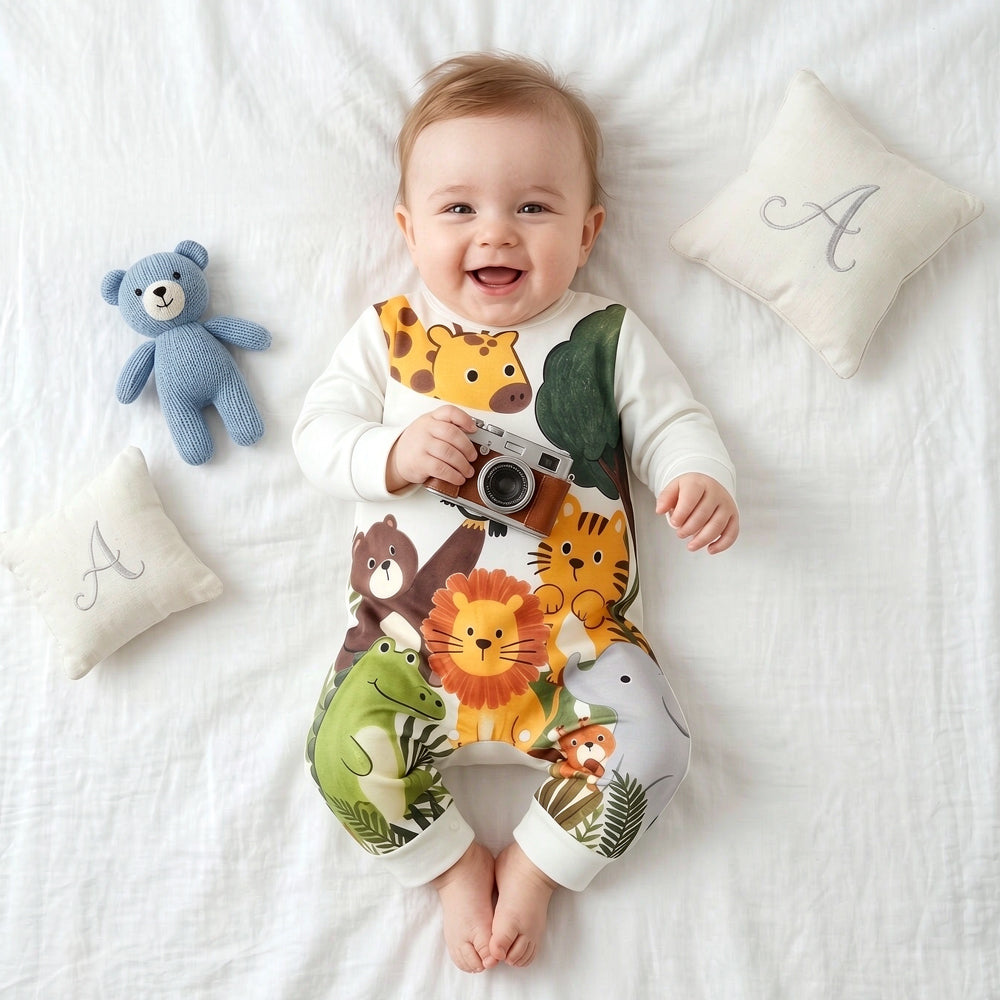 Cute Cartoon Animal Print Long Sleeve Baby Jumpsuit