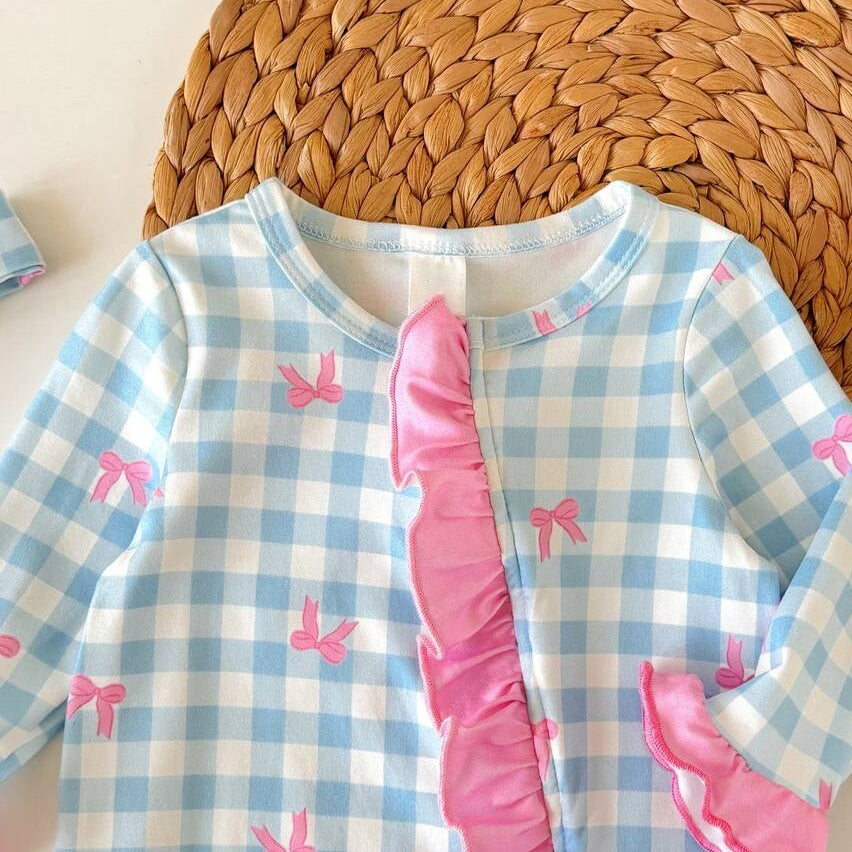 2PCS Pretty Plaid Bow Print Long Sleeve Zipper Baby Jumpsuit