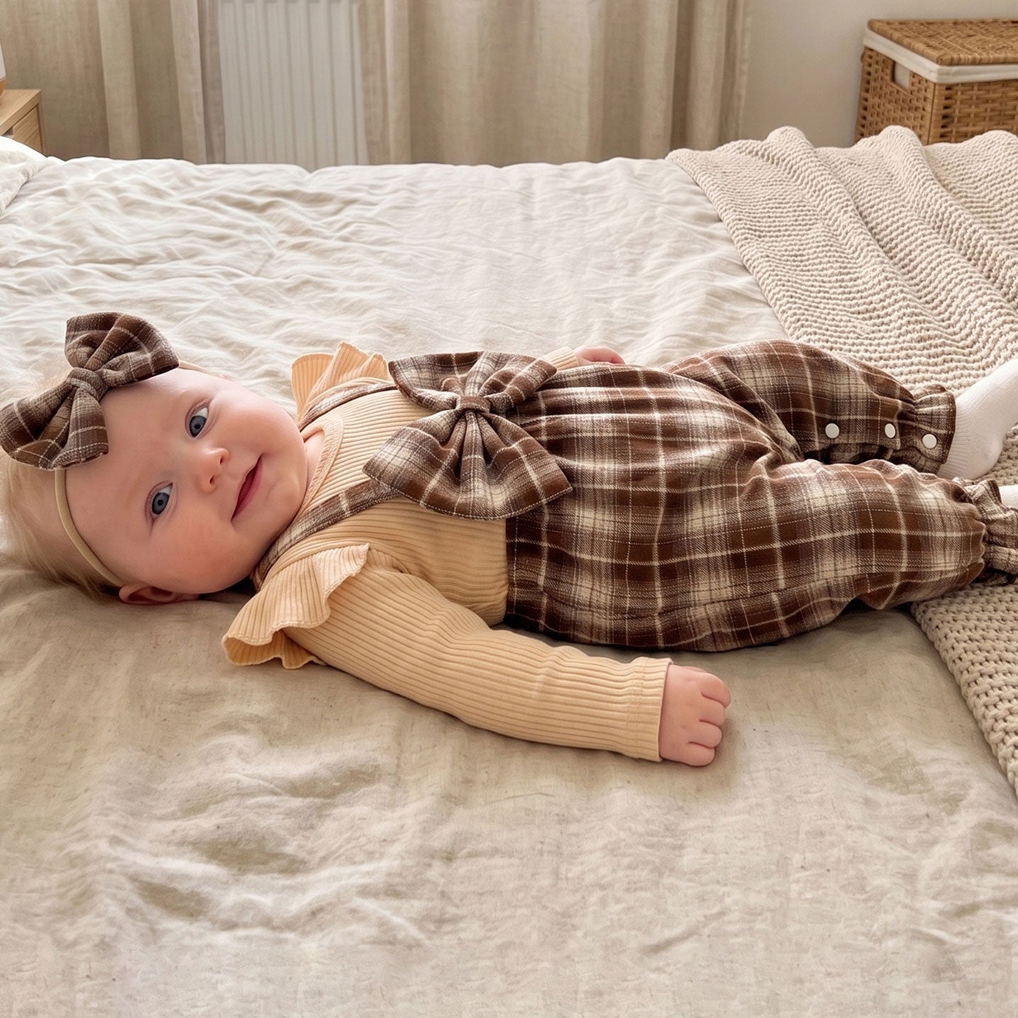 2PCS Nostalgic Plaid Print Faux-Layer Long Sleeve Baby Jumpsuit