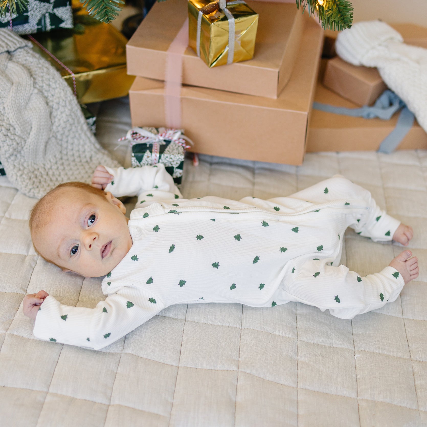 2PCS Trees Printed Ribbed Zipper Baby Jumpsuit