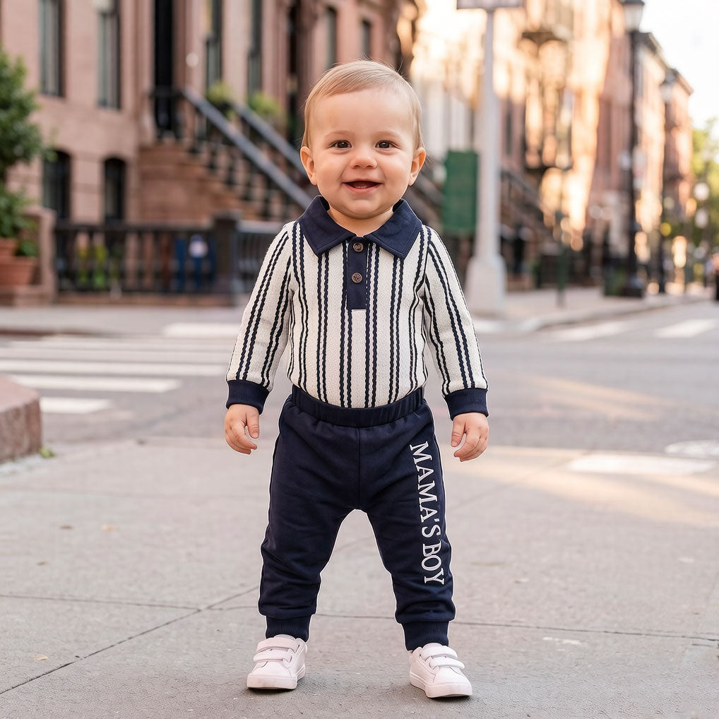 2PCS Chic Mama's Boy Letter Stripe Print Long Sleeve Baby Set