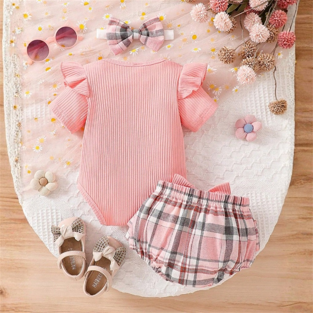 3PCS Mama Is My Bestie Letter Printed Plaid Short Sleeve Baby Set