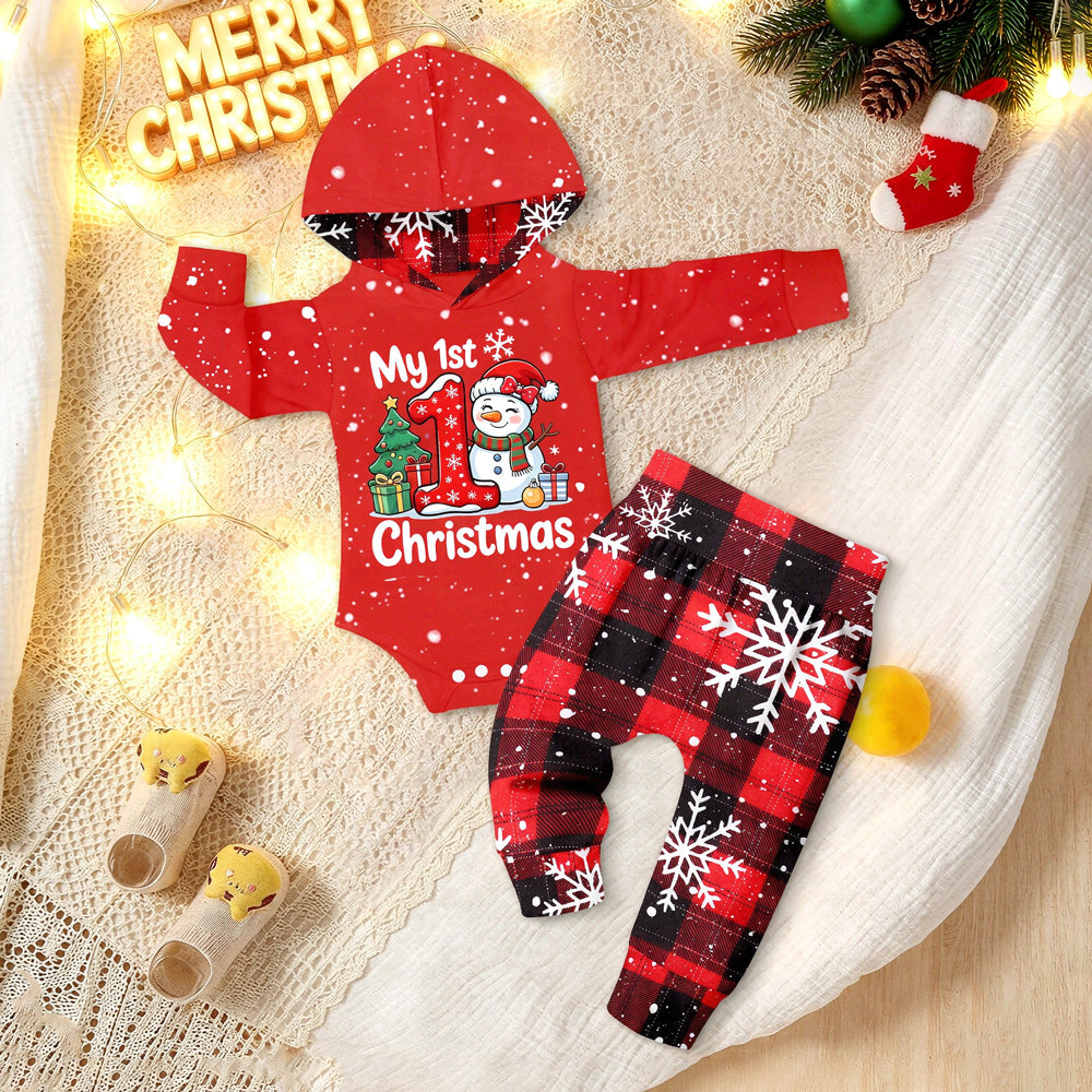 2PCS My 1st Christmas Letter Snowman Plaid Print Baby Hoodie Set