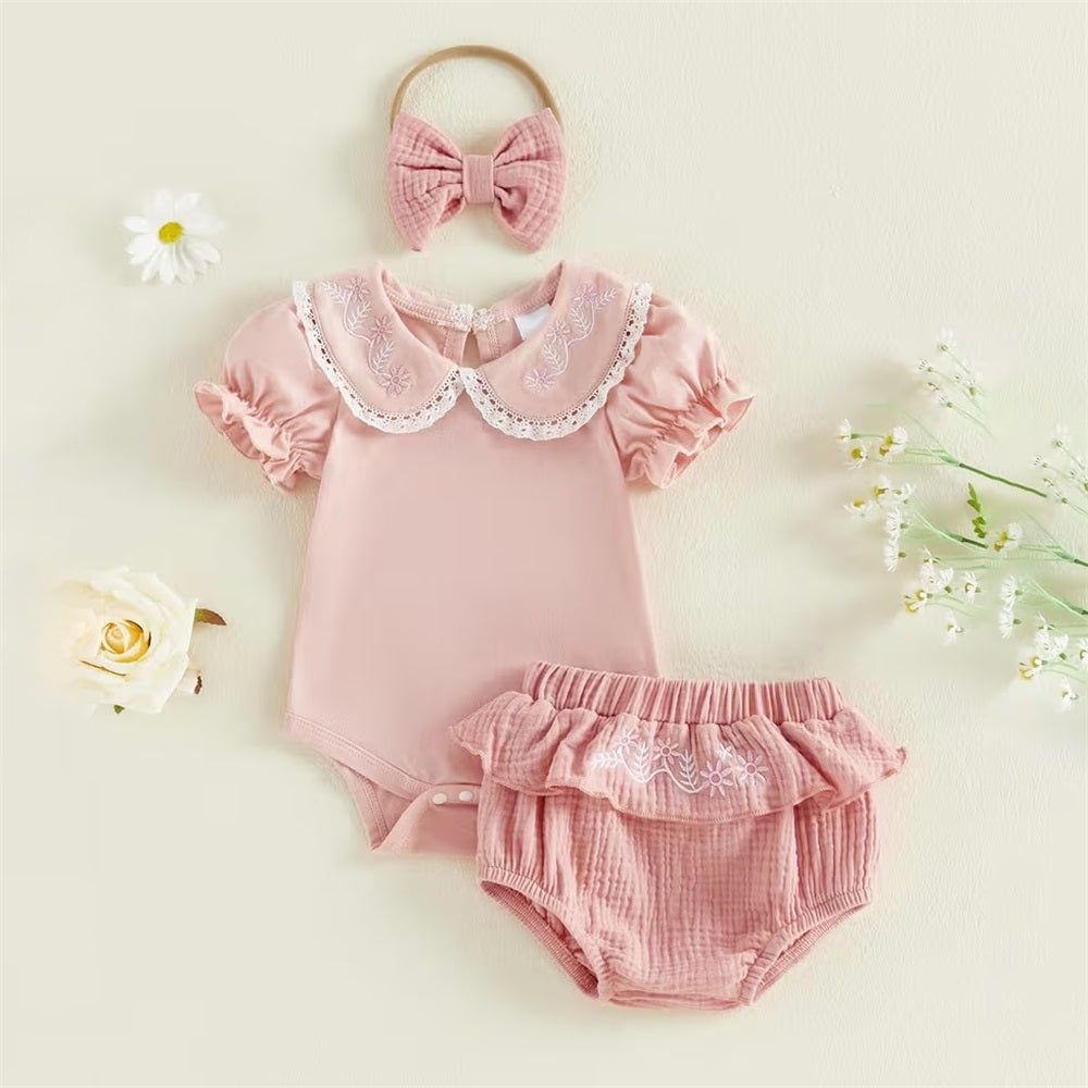 3PCS Floral Embroidery Doll Collar Short Sleeve Baby Set