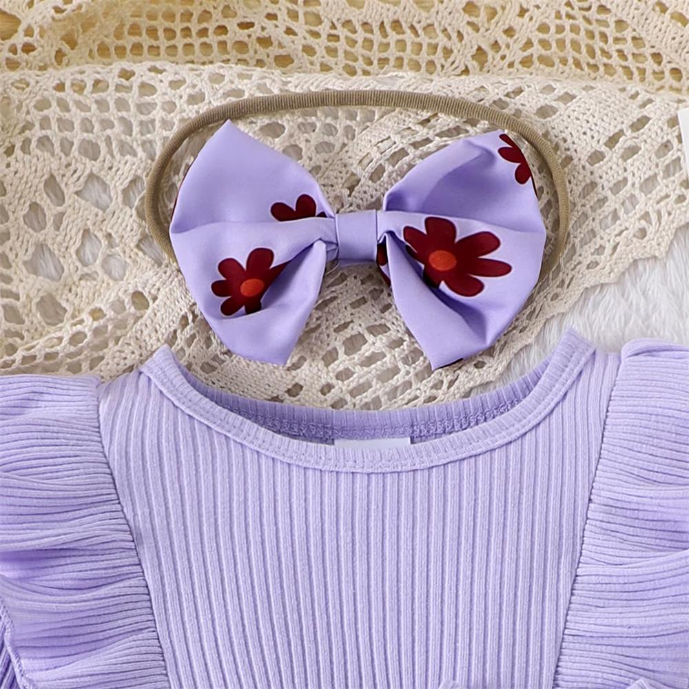 2PCS Adorable Floral Print Bow Long Sleeve Baby Romper