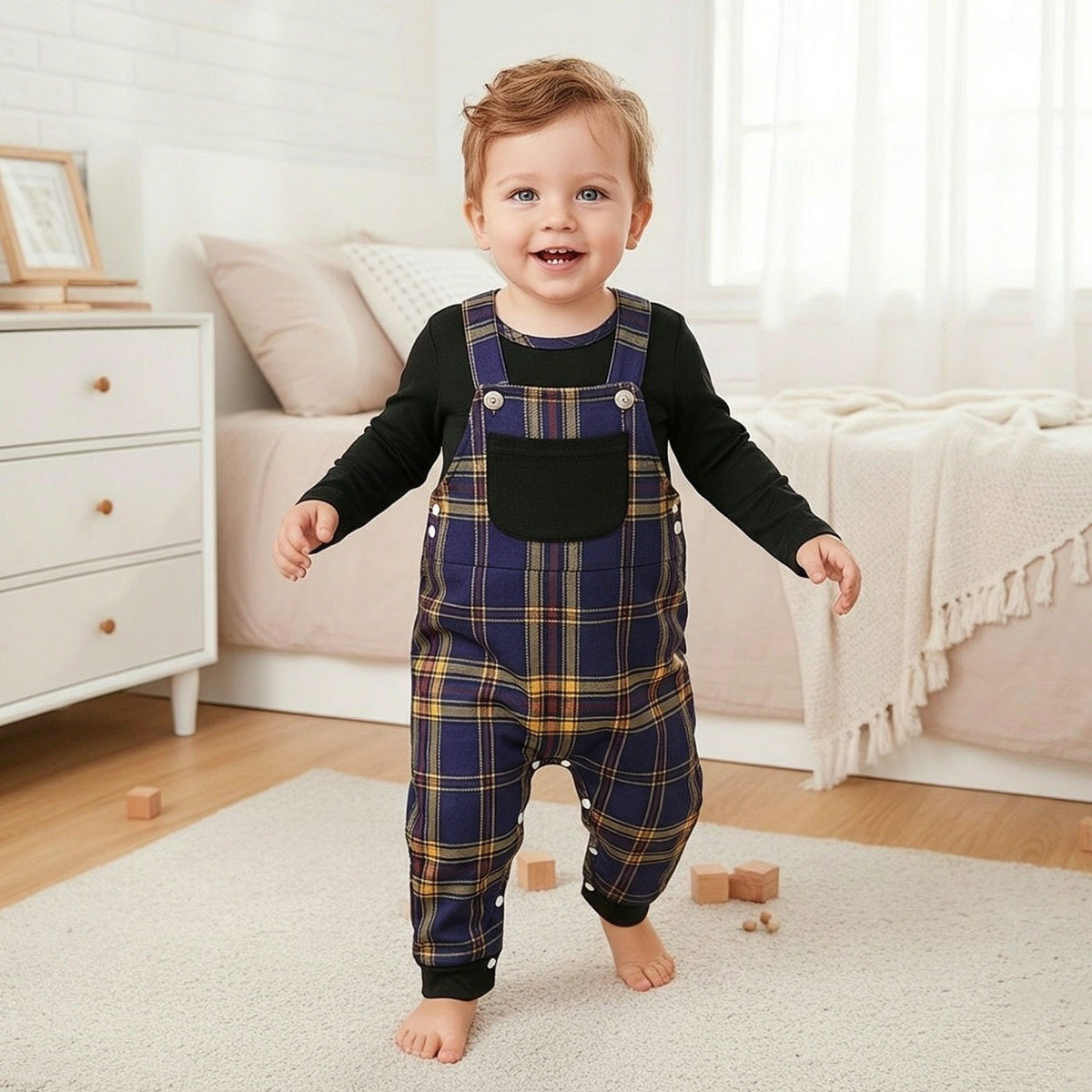2PCS Classic Plaid Printed Long Sleeve Overalls Baby Set