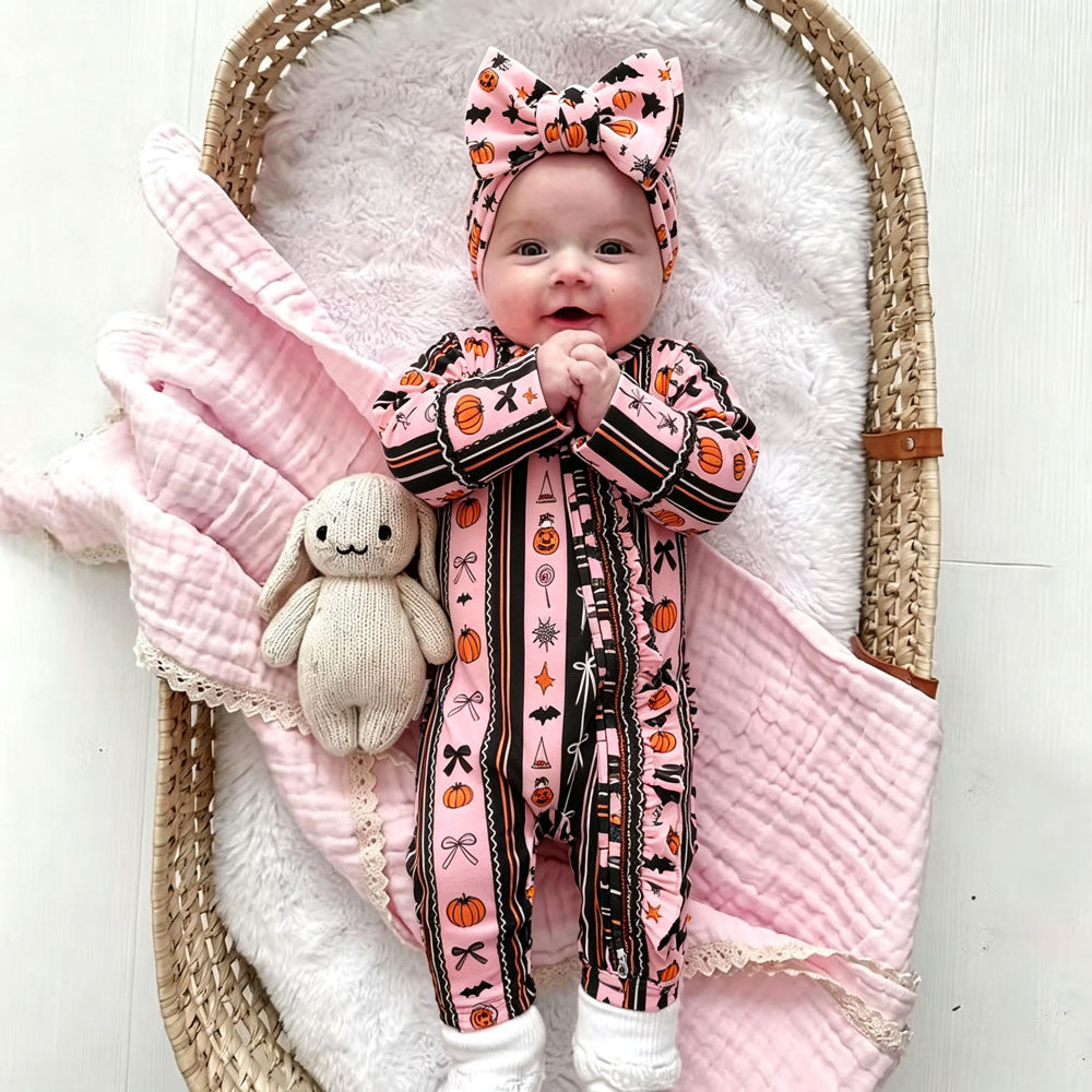 2PCS Halloween Pumpkin Stripe Printed Long Sleeve Zipper Baby Jumpsuit