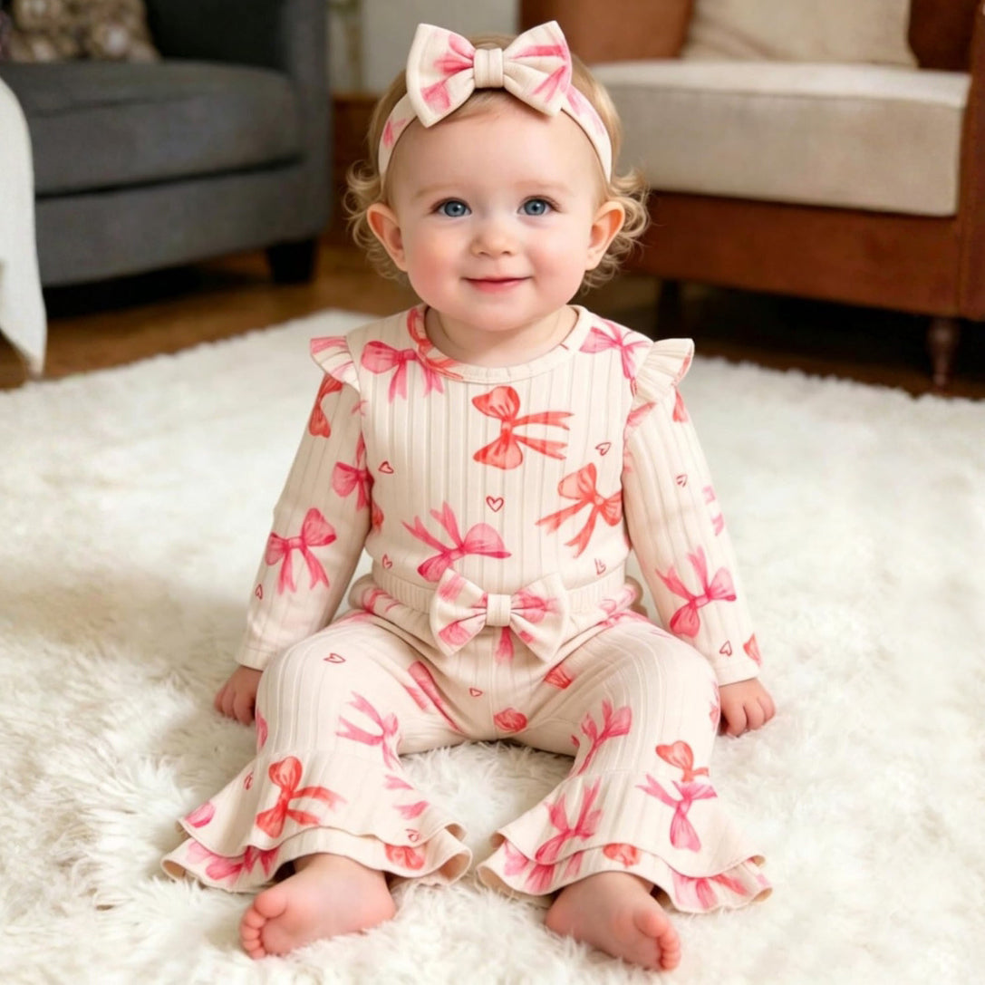 4PCS Allover Lovely Bow Printed Baby Set