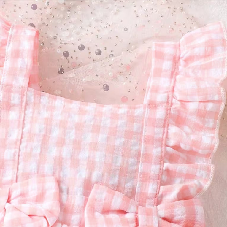 Sweet Cherry Applique Plaid Print Flutter Sleeve Baby Romper