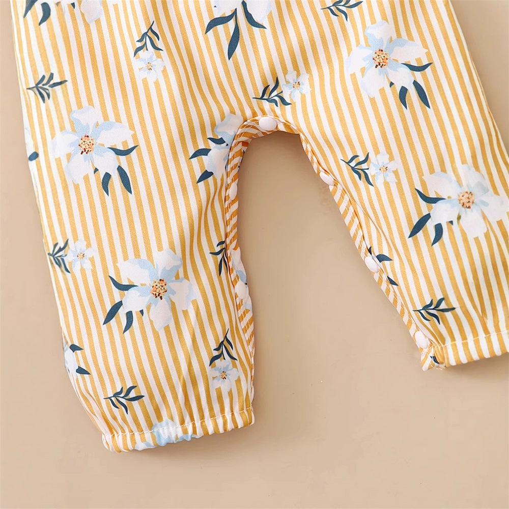 Floral Print Striped Lace Trim Sleeveless Baby Jumpsuit
