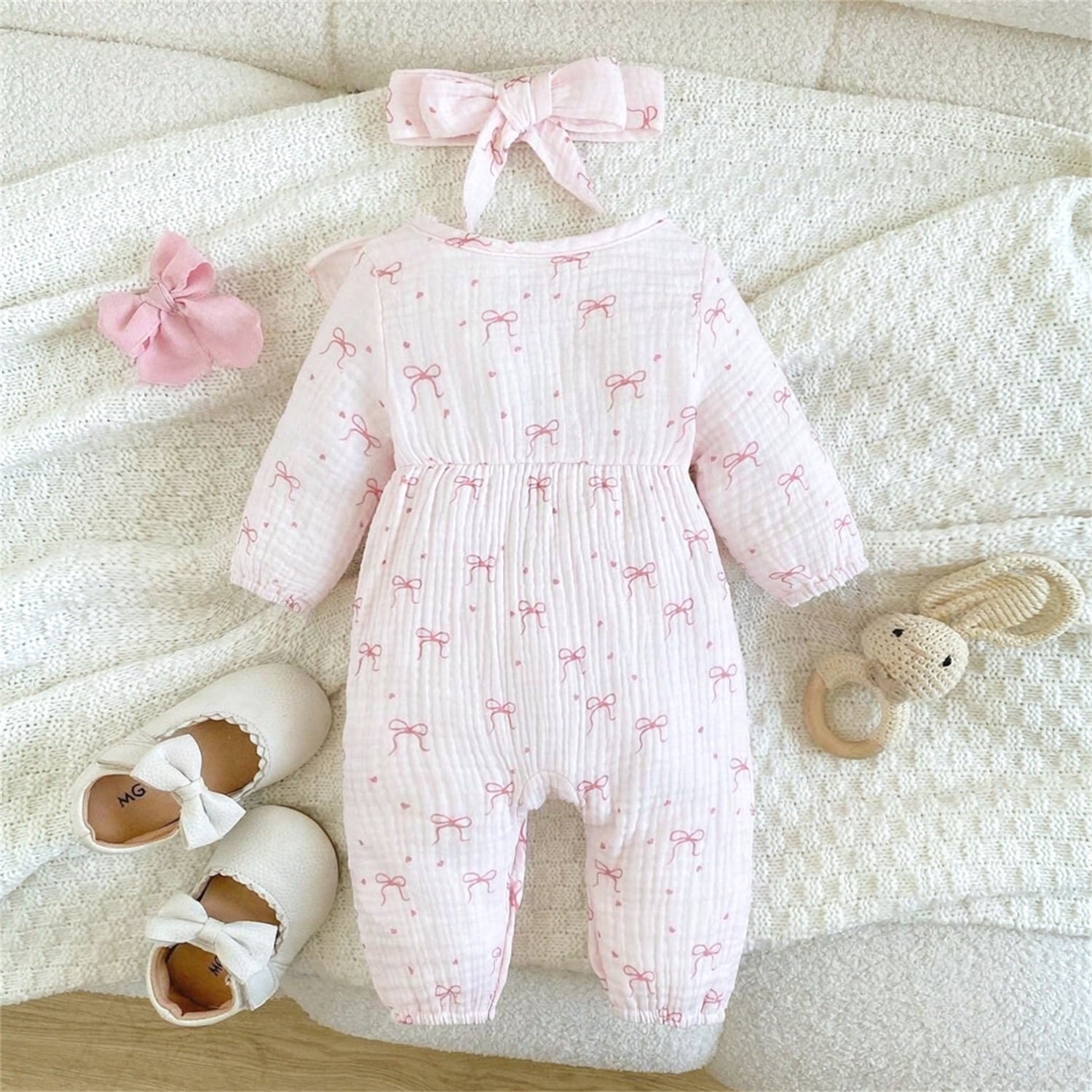 2PCS Pretty Allover Bow Print Ruffle Long Sleeve Baby Jumpsuit