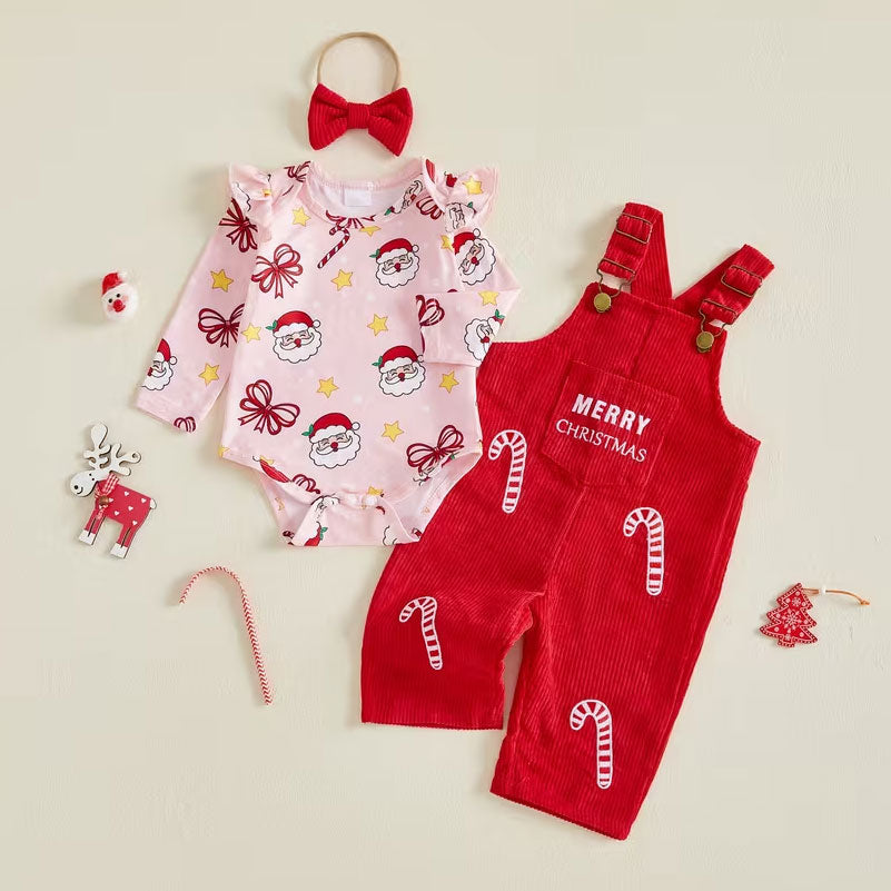 3PCS Letter Candy Cane Embroidery and Santa Print Baby Overalls Set