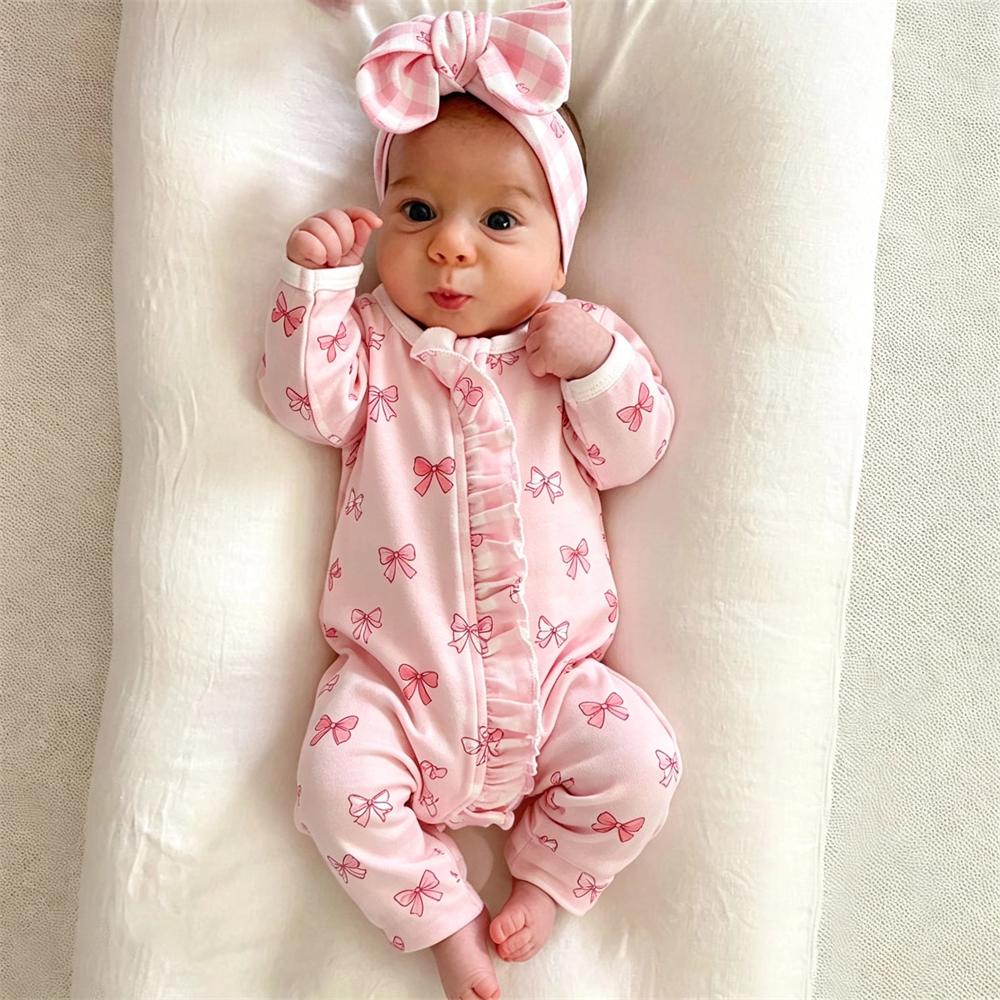 2PCS Graceful Bow Printed Zipper Long Sleeve Baby Jumpsuit