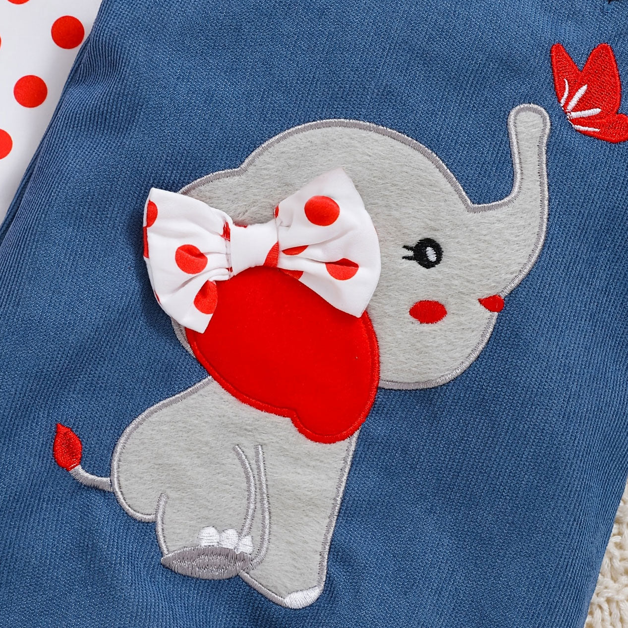 3PCS Lovely Elephant Embroidery Polka Dots Printed Overalls Baby Girl Set