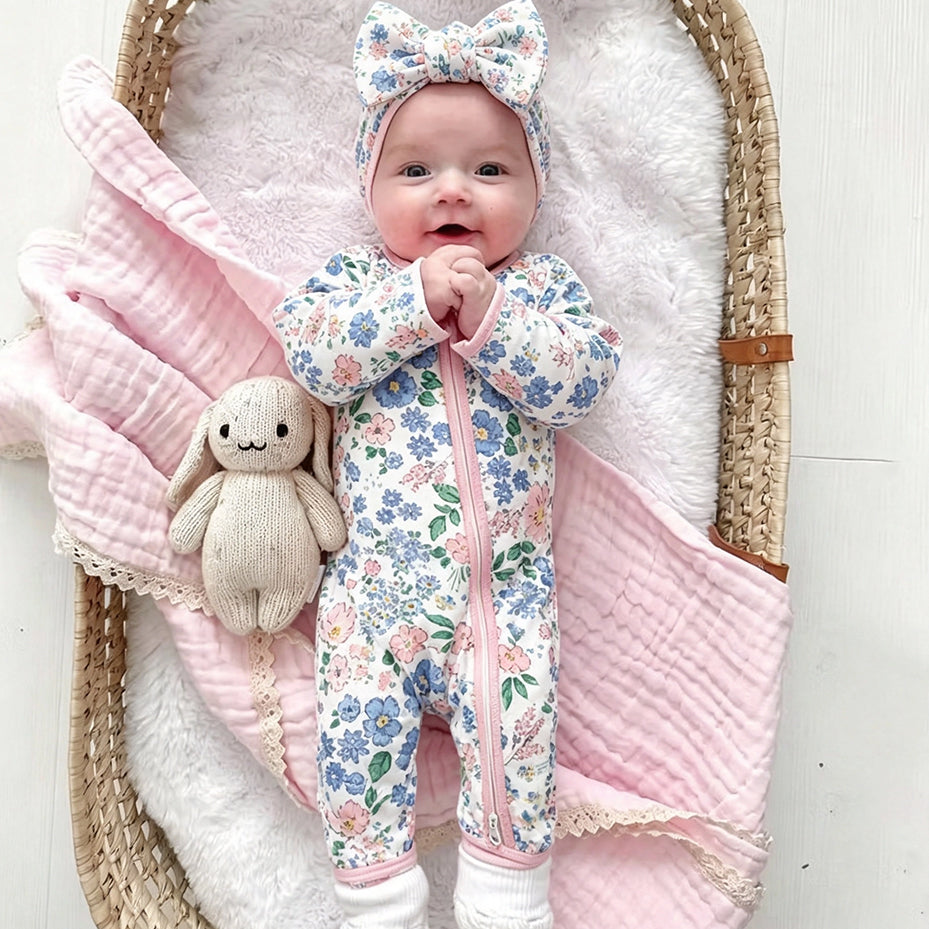 2PCS Vibrant Baby Girl Floral Print Zipper Long Sleeve Jumpsuit