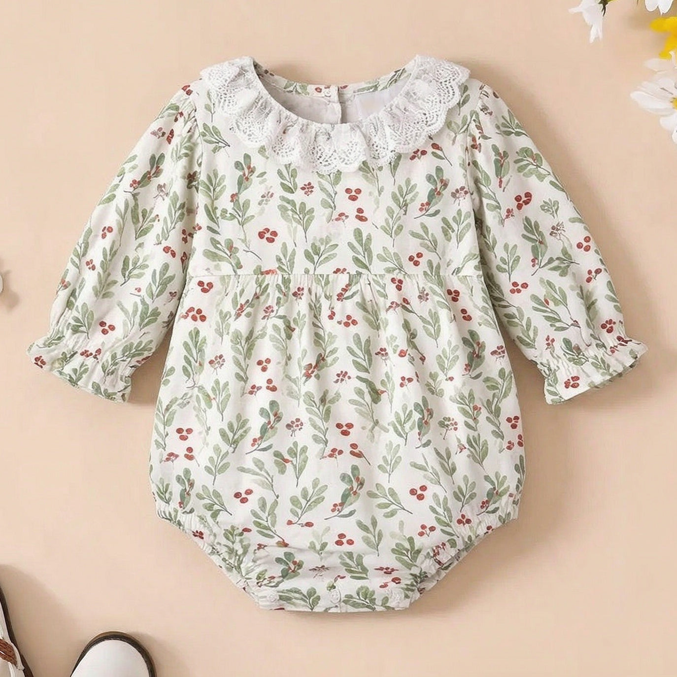 Cute Floral Leaf Printed Long Sleeve Baby Romper