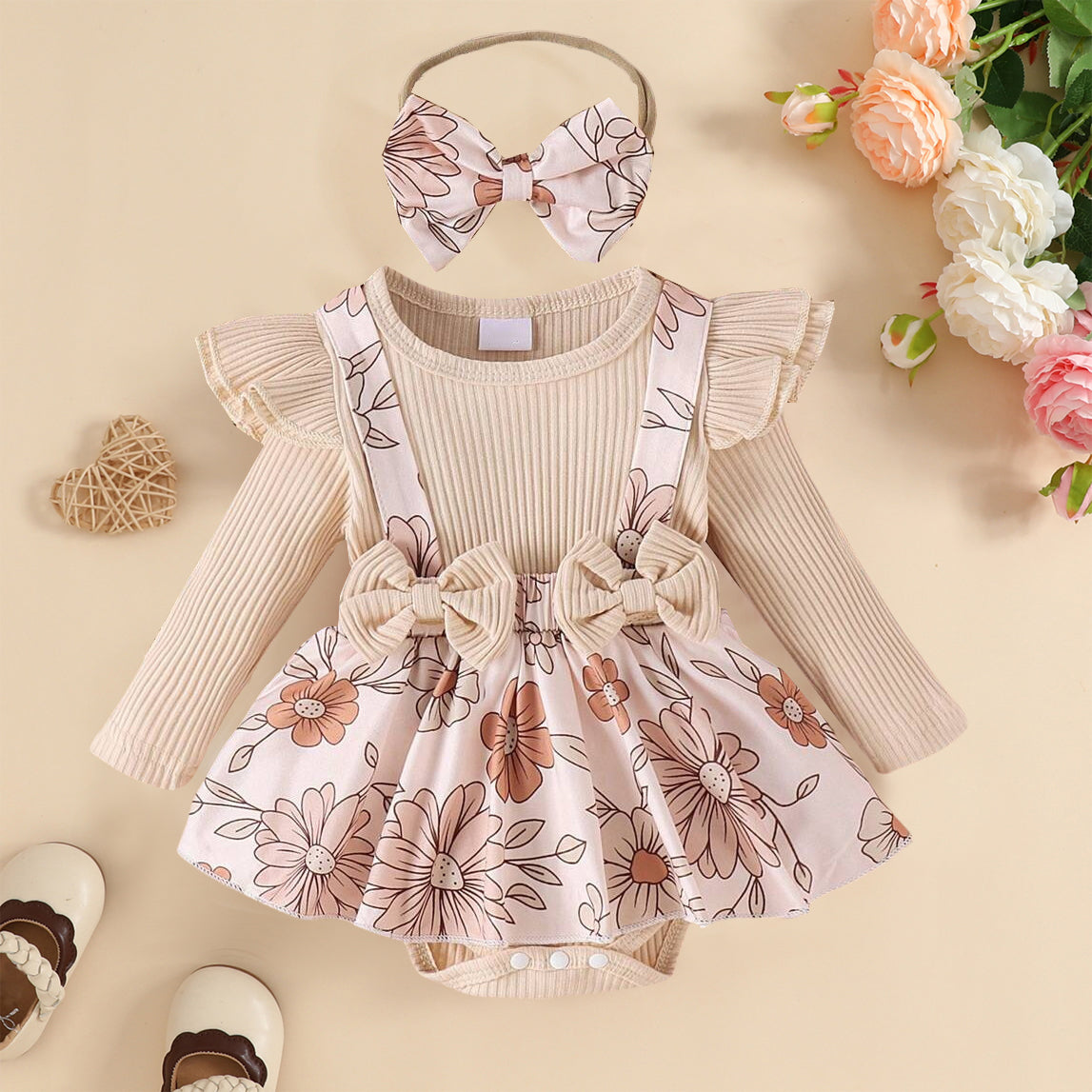 2PCS Cheerful Floral Print Baby Romper