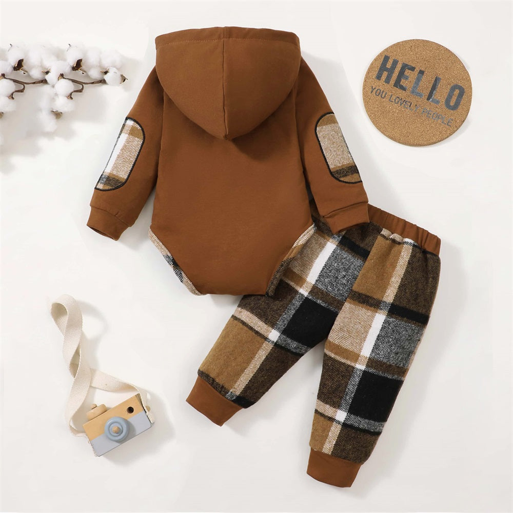 2PCS Casual Comfy Plaid Print Long Sleeve Baby Hooded Set