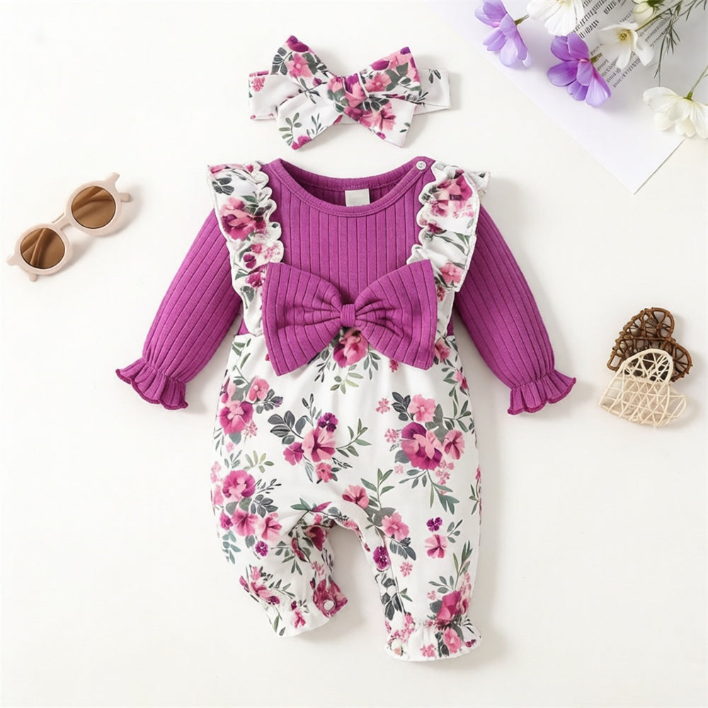 2PCS Exquisite Floral Printed Bow Long Sleeve Baby Girl Jumpsuit