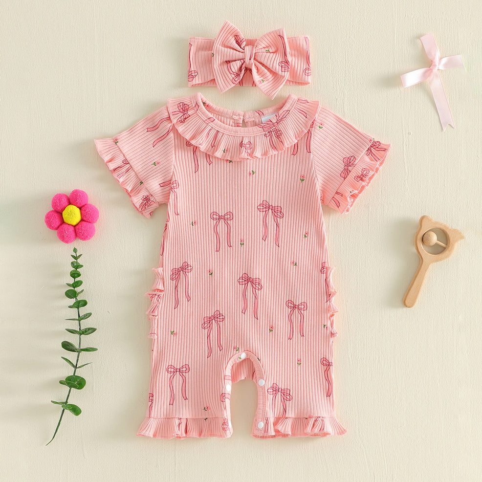2PCS Elegant Bow Print Short Sleeve Baby Jumpsuit