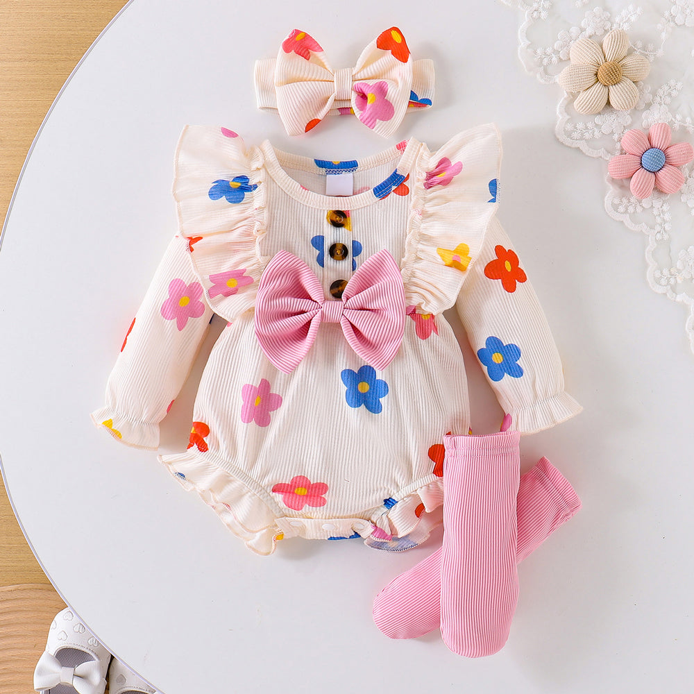 3PCS Graceful Floral Printed Bow Baby Girl Romper