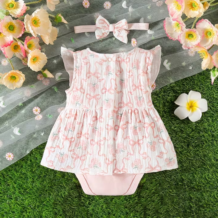 2PCS Quirky Bow Floral Printed Sleeveless Baby Romper