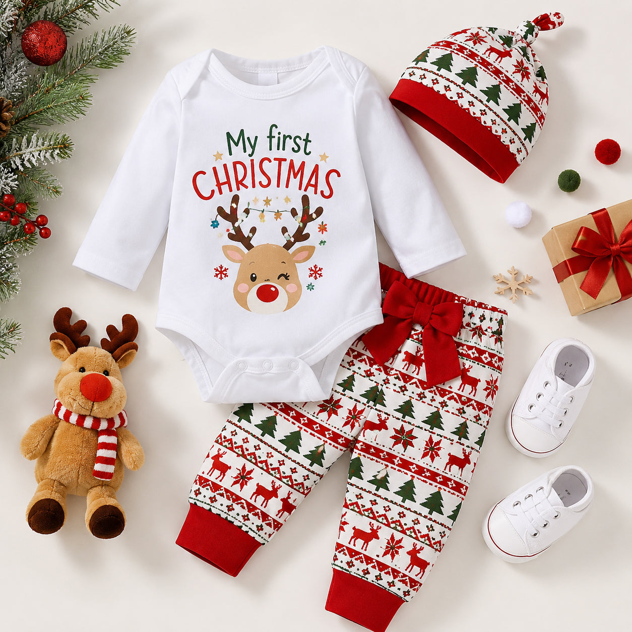 3PCS My First Christmas Letter Elk Print Baby Boy Set