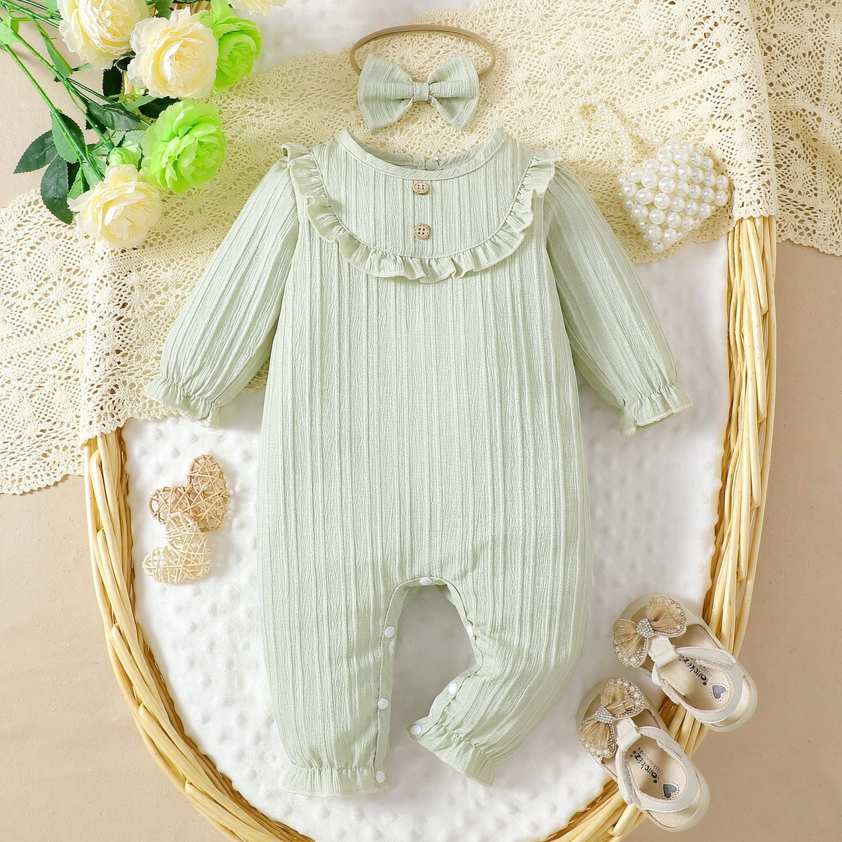 2PCS Fresh Solid Color Ruffle Long Sleeve Baby Girl Jumpsuit