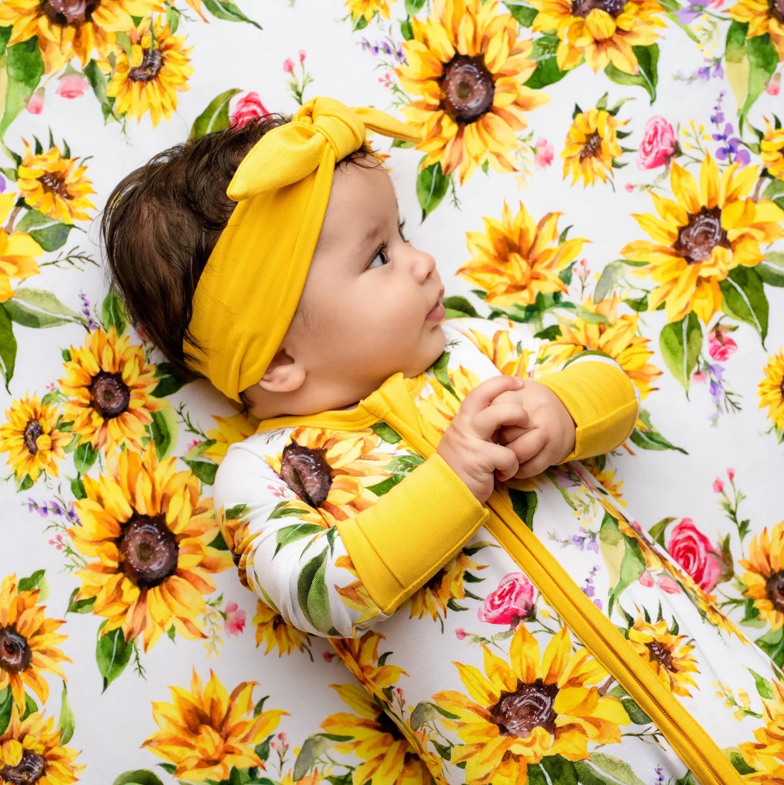 2PCS Sunflower Printed Zipper Bamboo Viscose Baby Jumpsuit