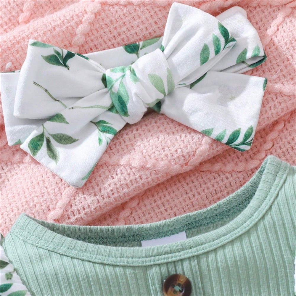 2PCS Leaf Allover Print Long Sleeve Baby Jumpsuit