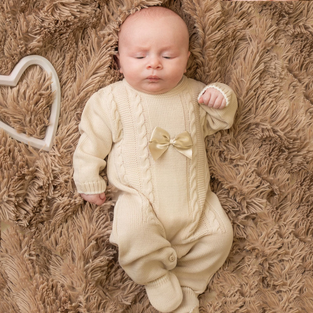 Pure Knit Solid Color Bowknot Decor Long Sleeve Baby Jumpsuit