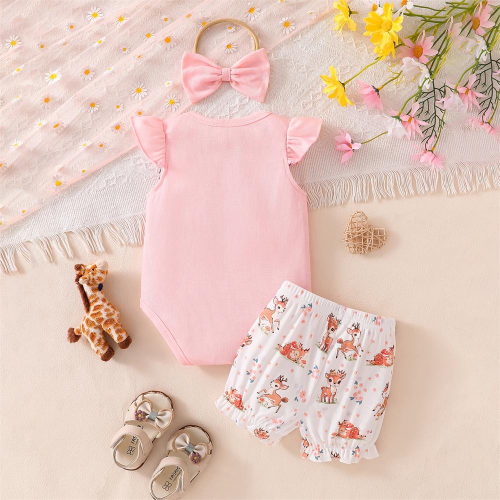 3PCS Lovely Deer & Floral Print Flutter Sleeve Baby Set