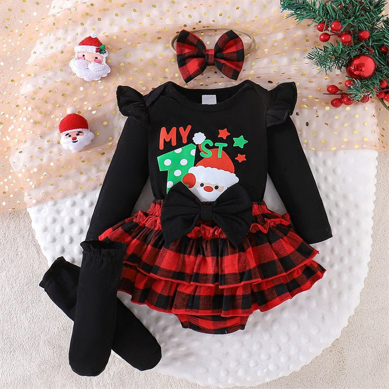 4PCS Lovely My 1st Christmas Letter Plaid Santa Claus Print Baby Set