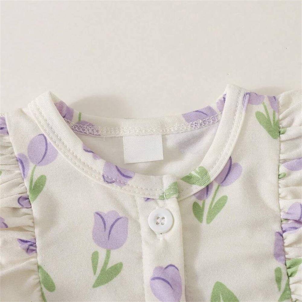 2PCS Classy Floral Print Bow Flutter Sleeve Baby Jumpsuit