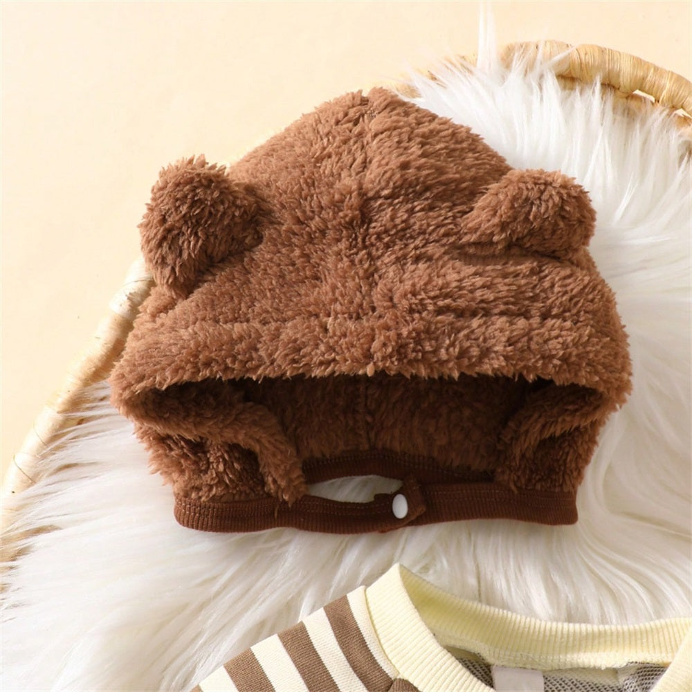 2PCS Cartoon Bear Embroidery striped Long Sleeve Baby Jumpsuit