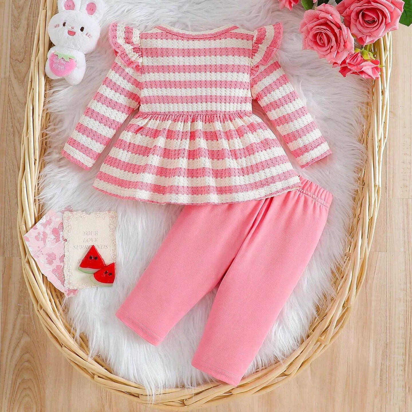 2PCS Watermelon Appliqué Stripe Print Long Sleeve Baby Set