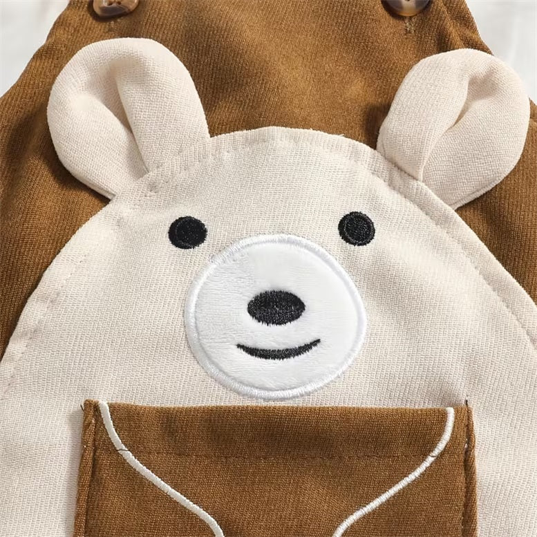 2PCS Adorable Bear Stripe Print Long Sleeve Baby Overalls Set