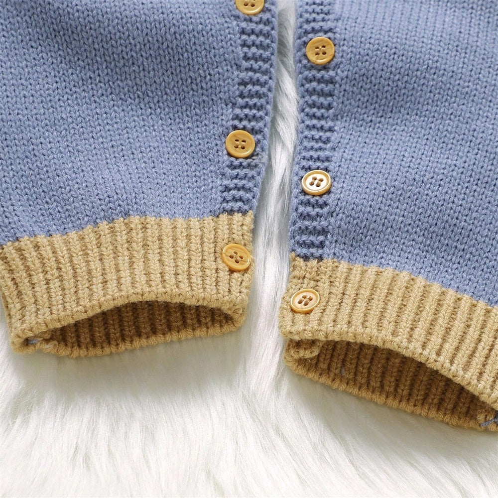 Knit Bear Plaid Printed Long Sleeve Baby Jumpsuit