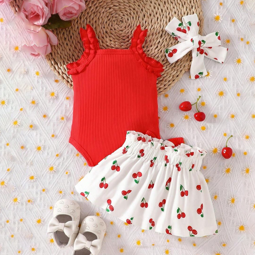 3PCS Summer Cherry Printed Sleeveless Baby Set